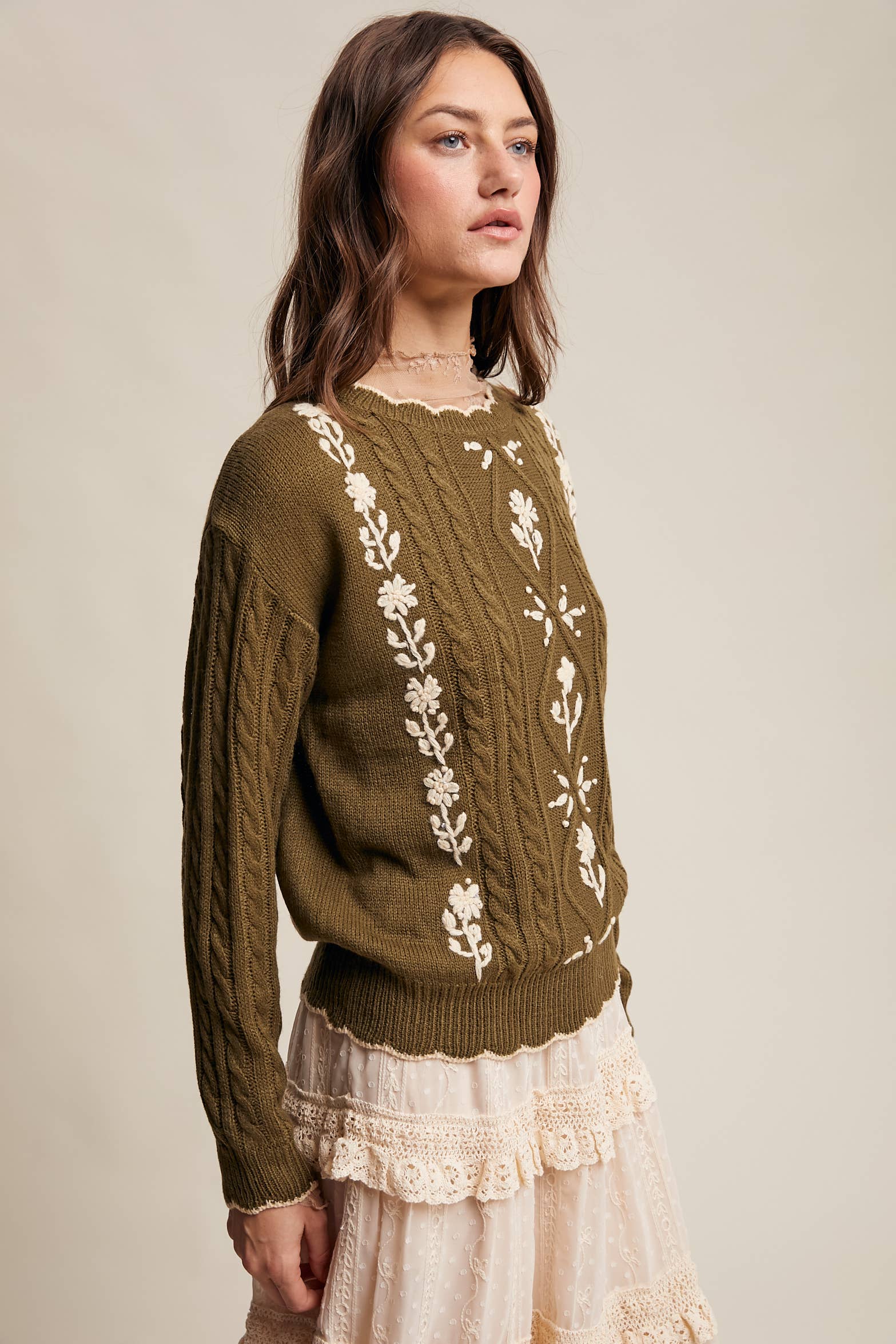 Floral Embroidered Cable Knit Sweater