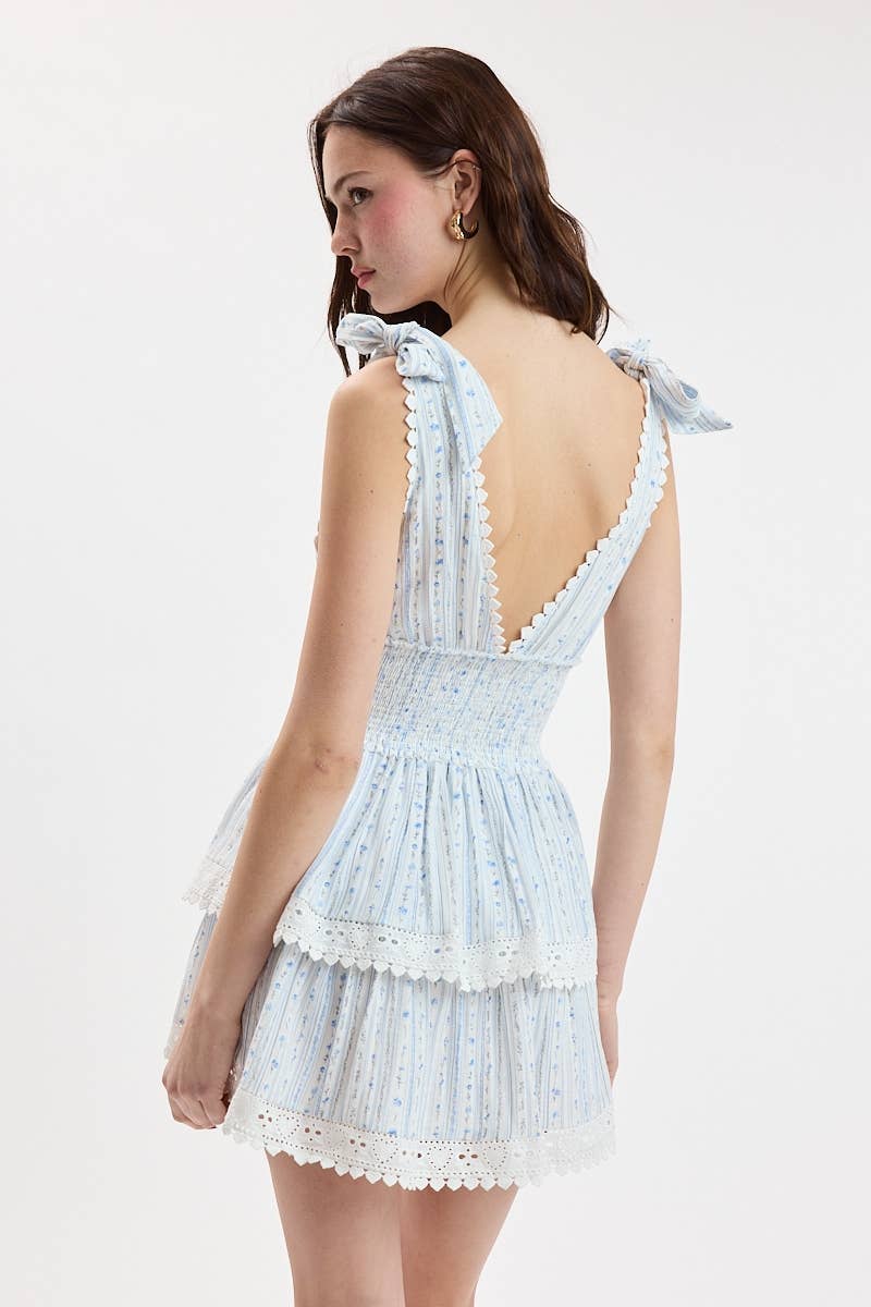 BORDER STRIPE TIE STRAP LAYERED LACE MINI DRESS