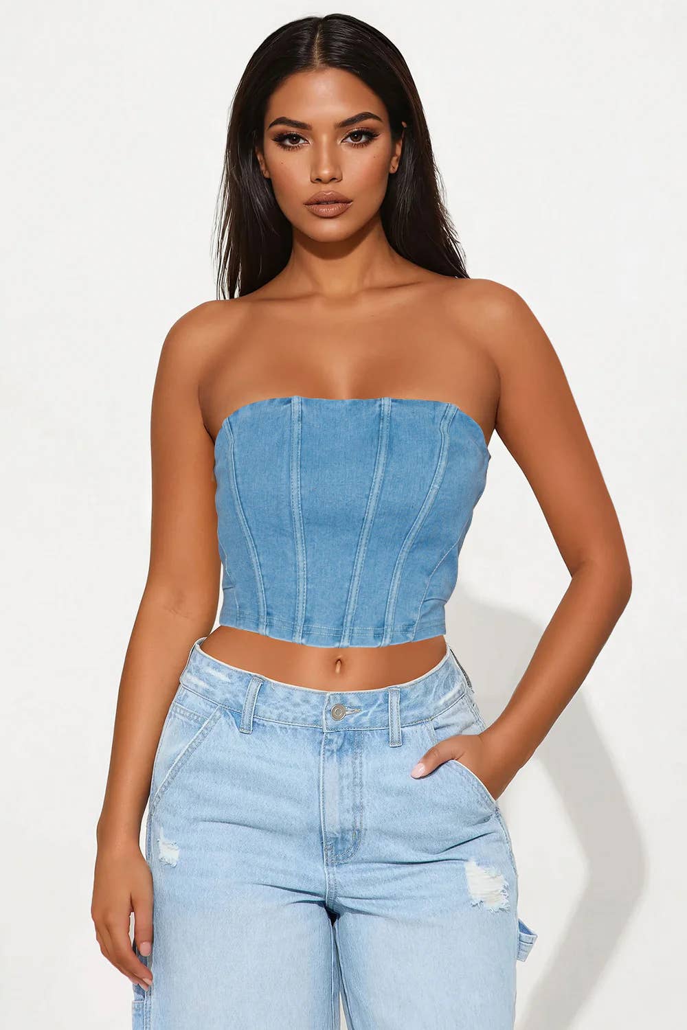 DENIM CORSET TUBE CROP TOP