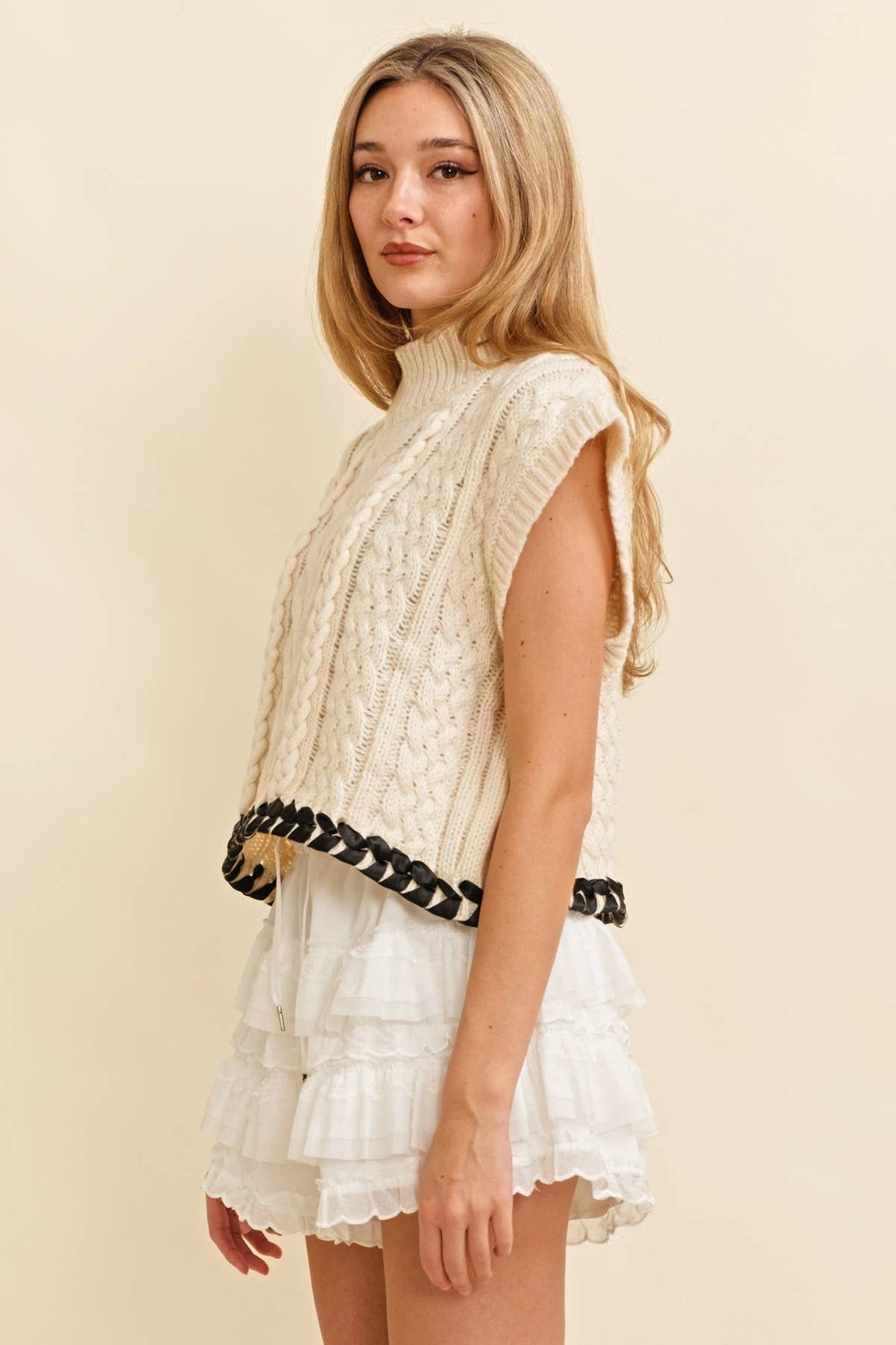 CABLE KNIT DROP SHOULDER CONTRAST STITCH SWEATER