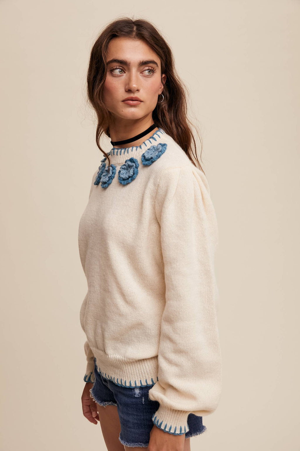 Crochet Bloom Applique Sweater