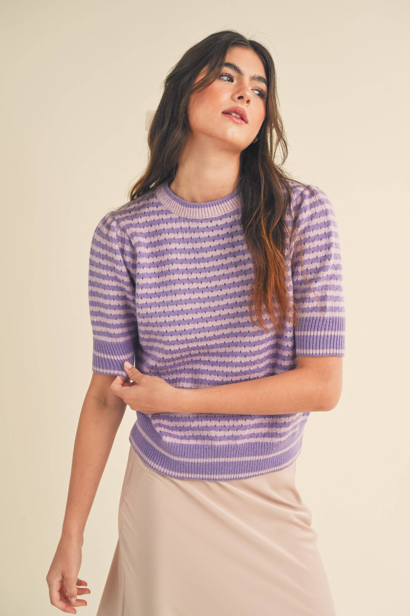 STRIPED POINTELLE KNIT PUFF SLEEVE SWEATER