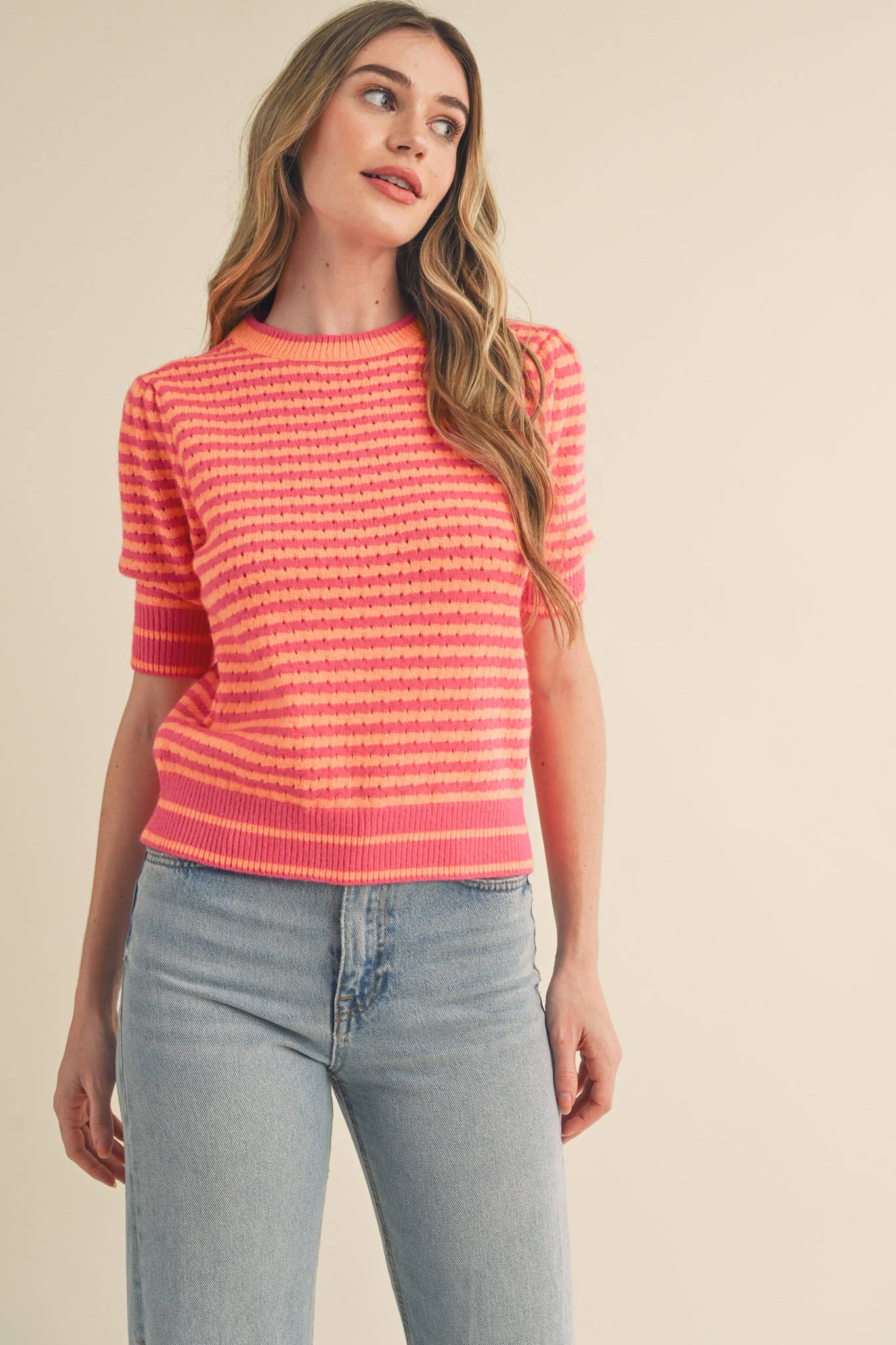 STRIPED POINTELLE KNIT PUFF SLEEVE SWEATER