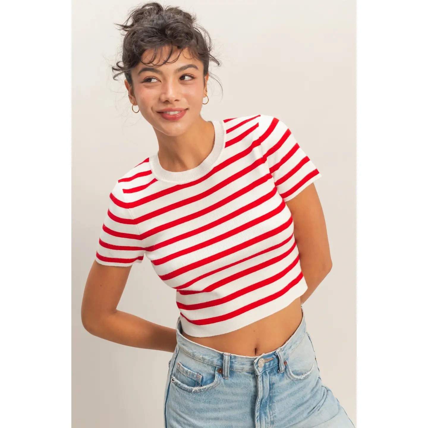 Striped and Knit Crew Neck Crop Top