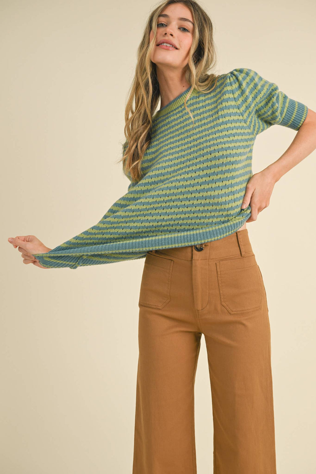 STRIPED POINTELLE KNIT PUFF SLEEVE SWEATER