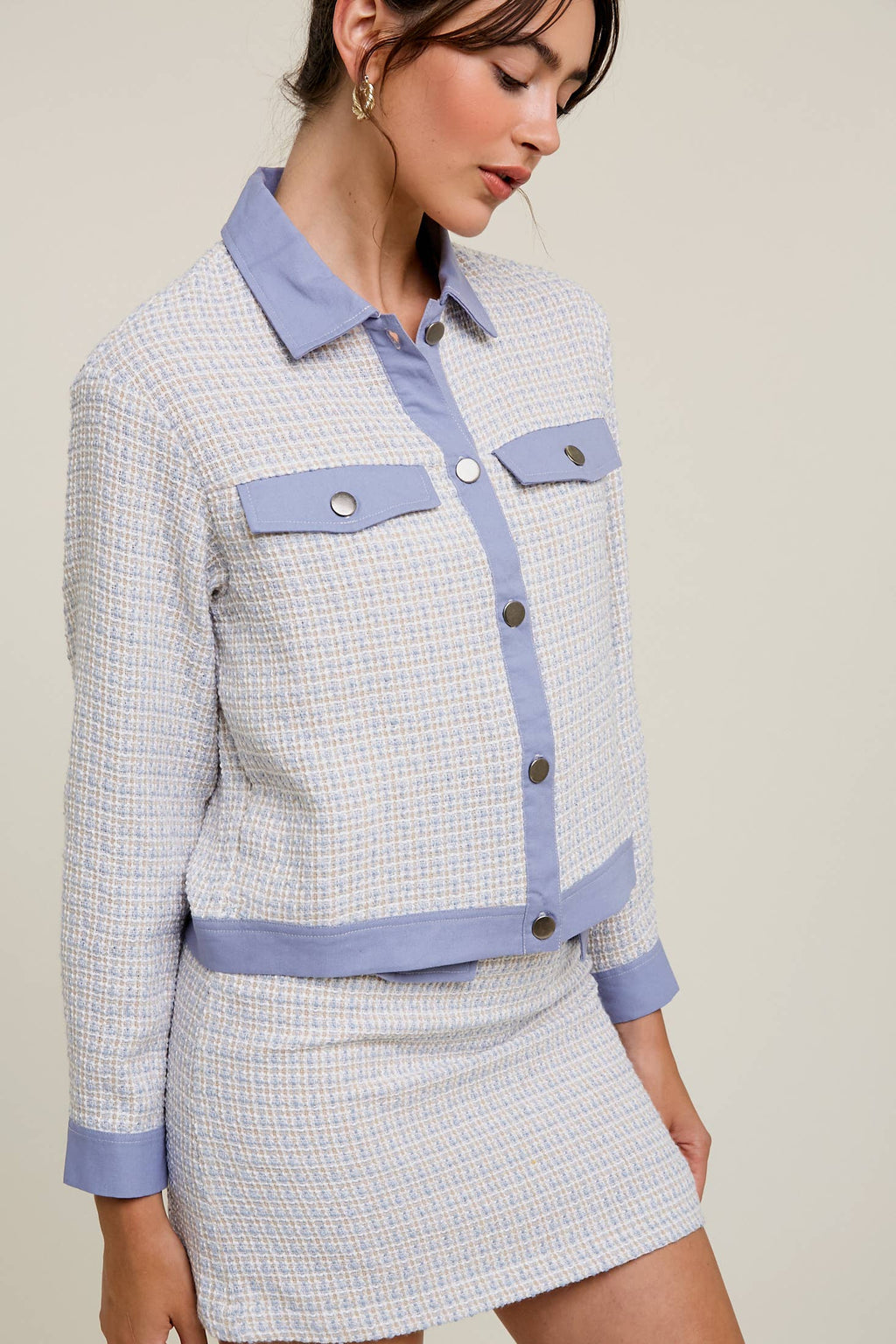 Contrast Trim Plaid Tweed Jacket & Mini Skirt Set