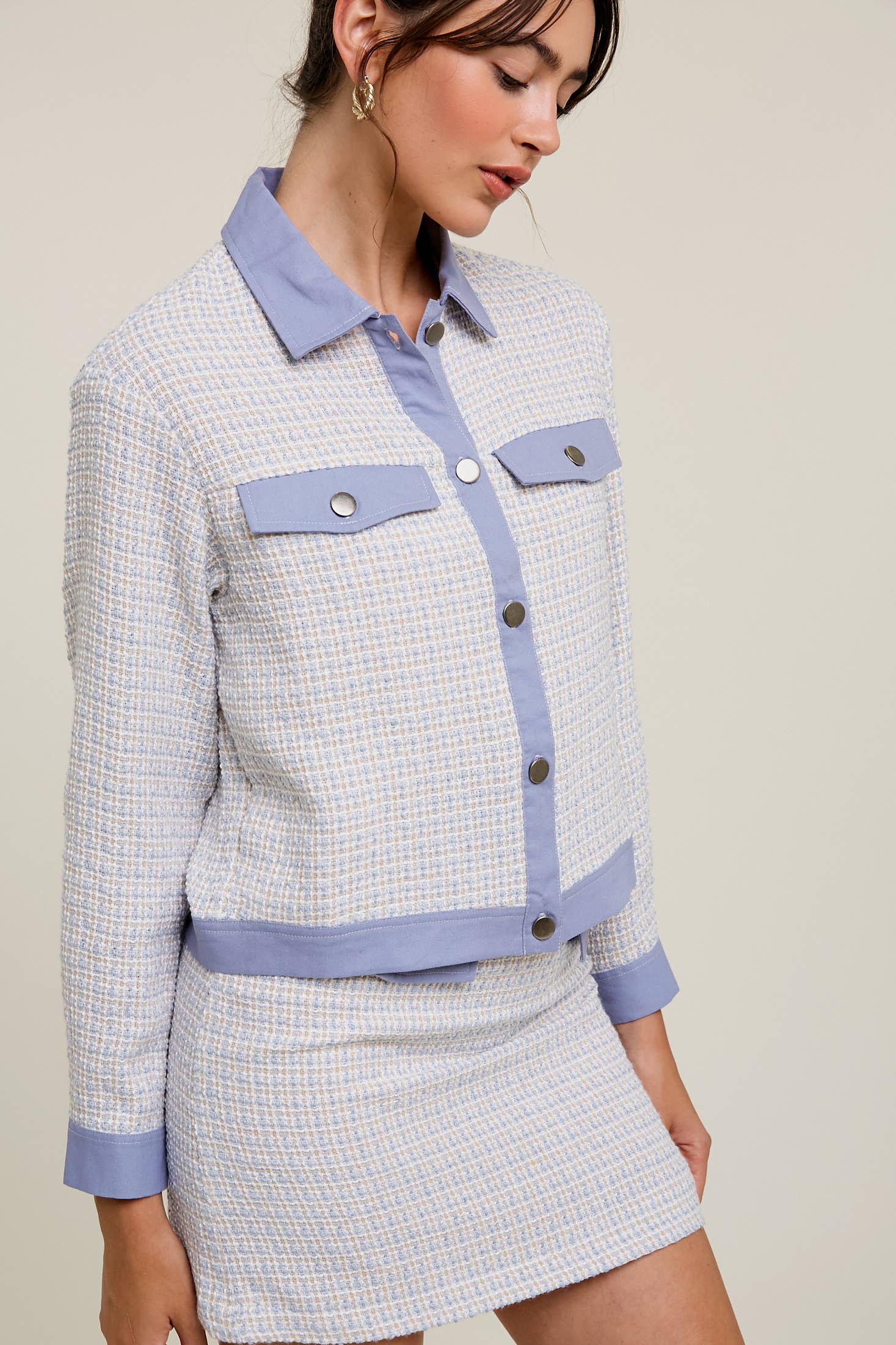 Contrast Trim Plaid Tweed Jacket & Mini Skirt Set