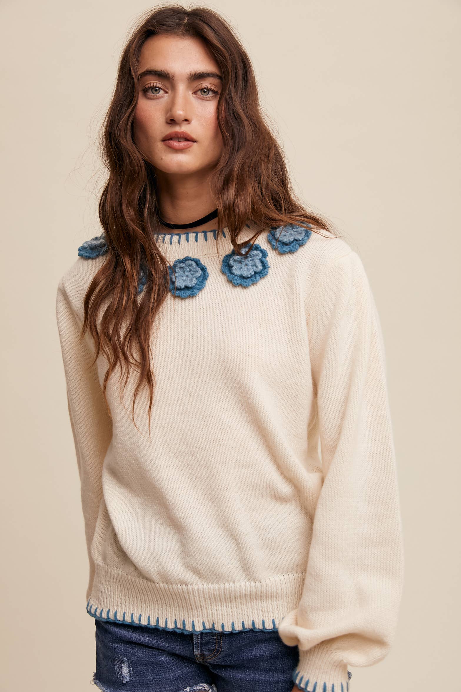 Crochet Bloom Applique Sweater