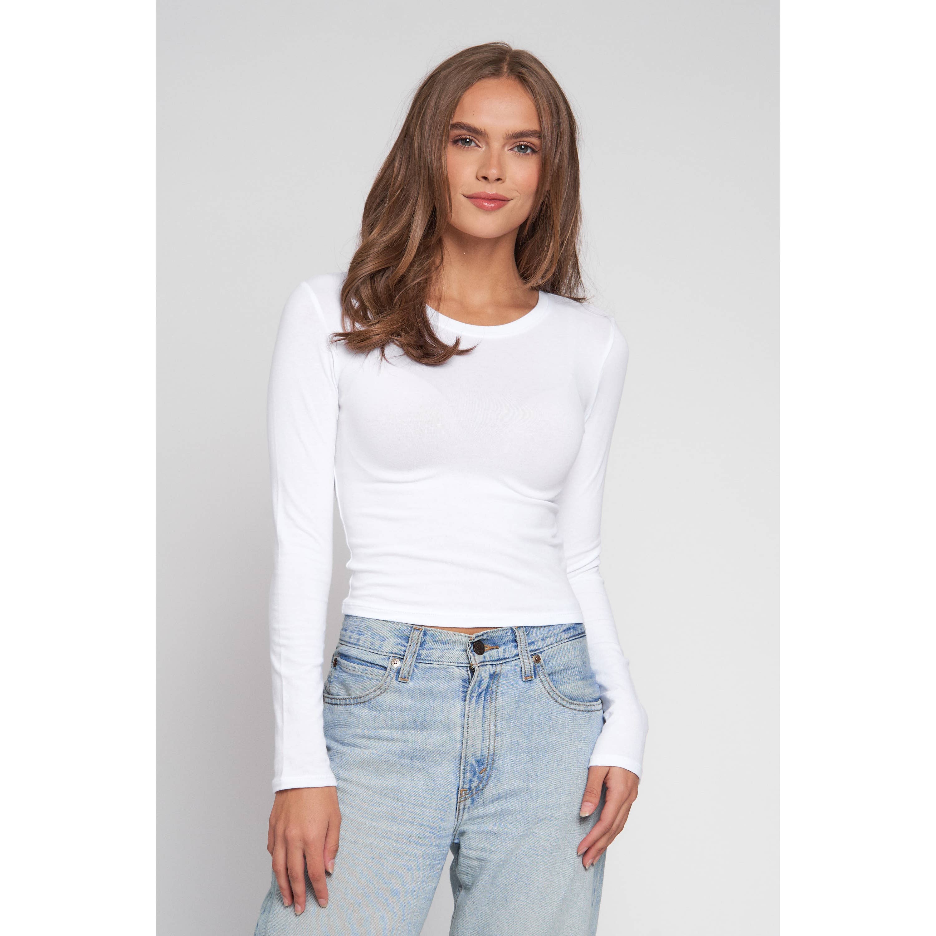 Crew Neck Long Sleeve Cotton Cropped Knit Top
