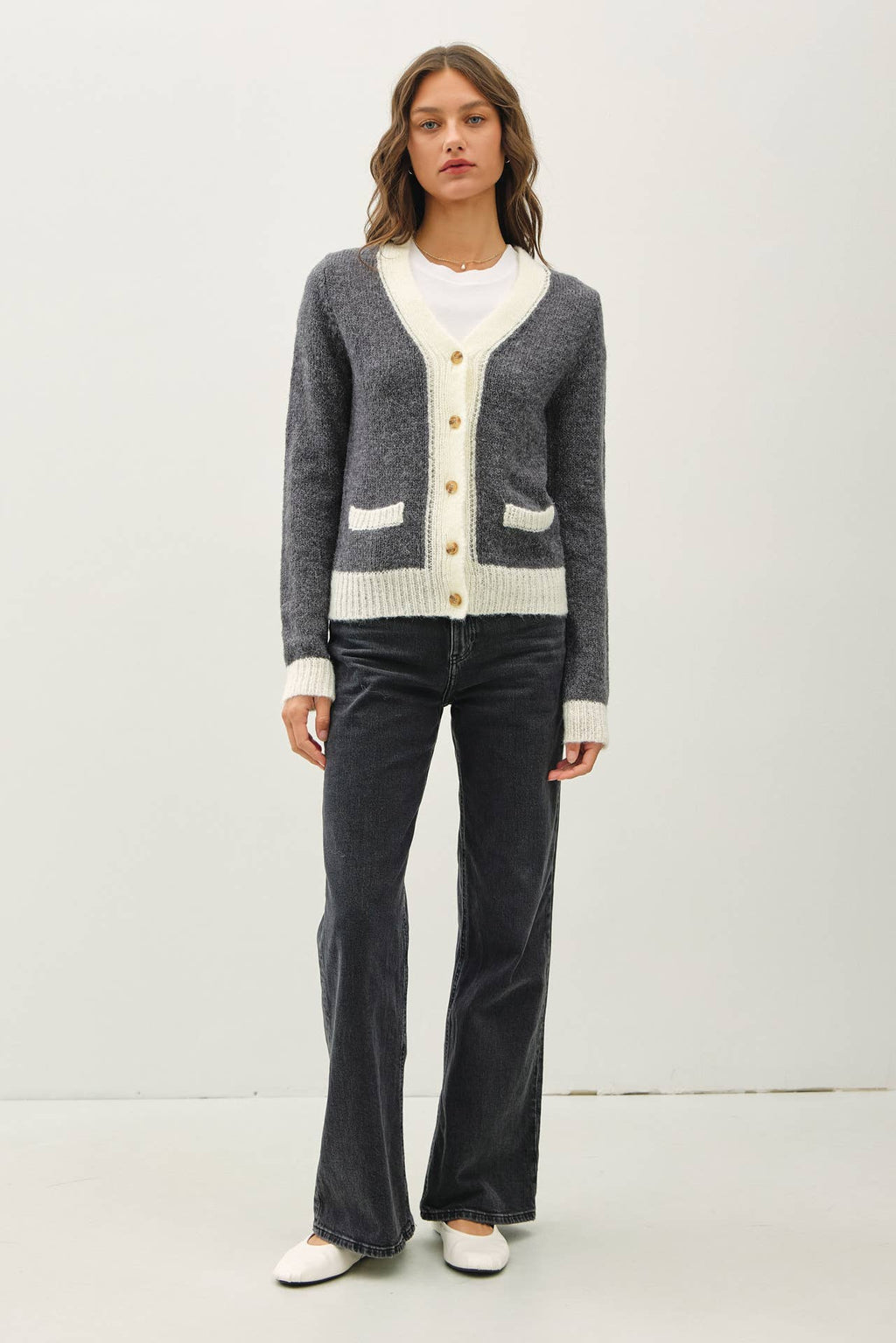 TWO TONE VARSITY STYLE BUTTON UP CARDIGAN