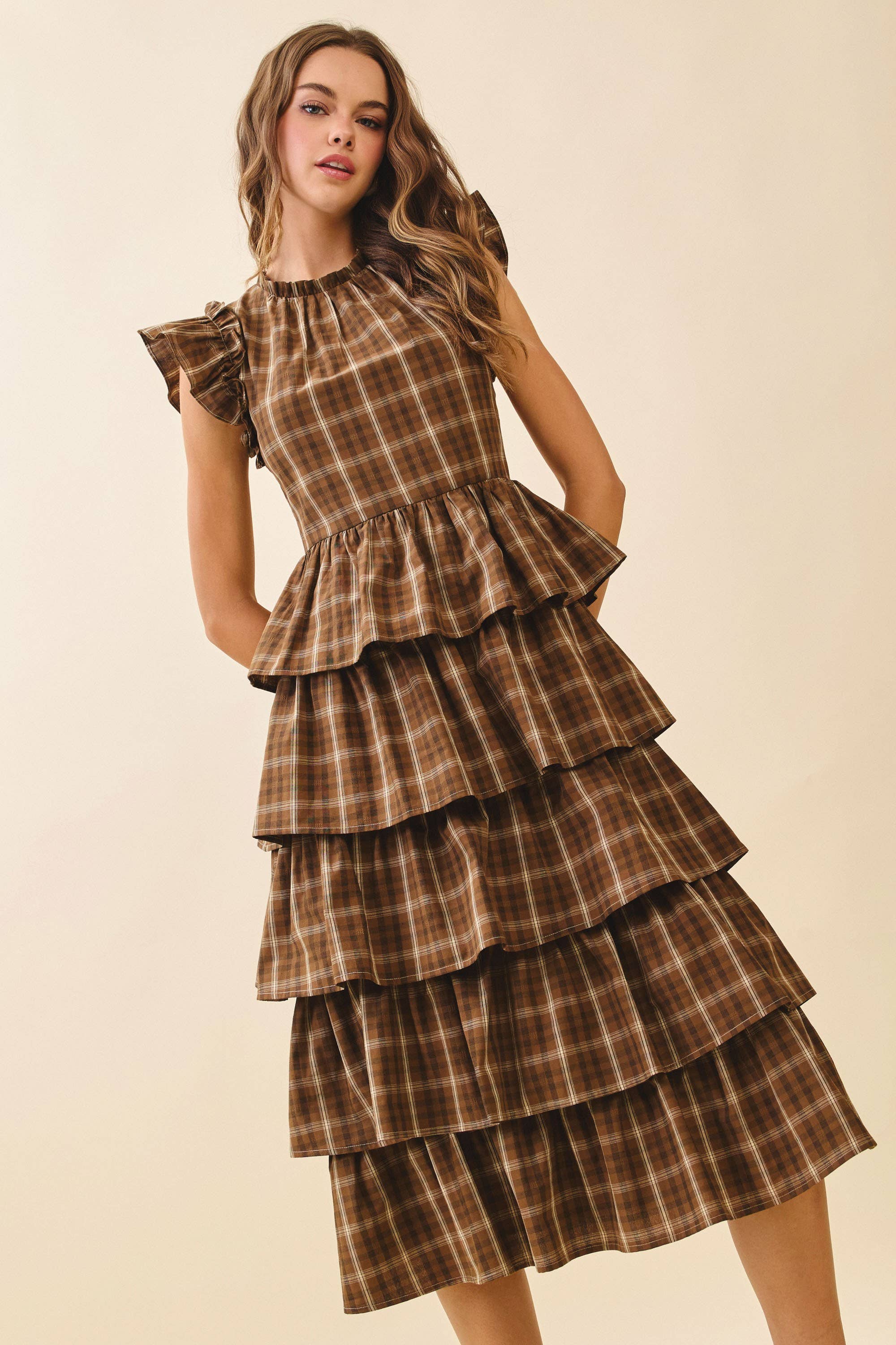 Plaid Round Neck Midi Dress