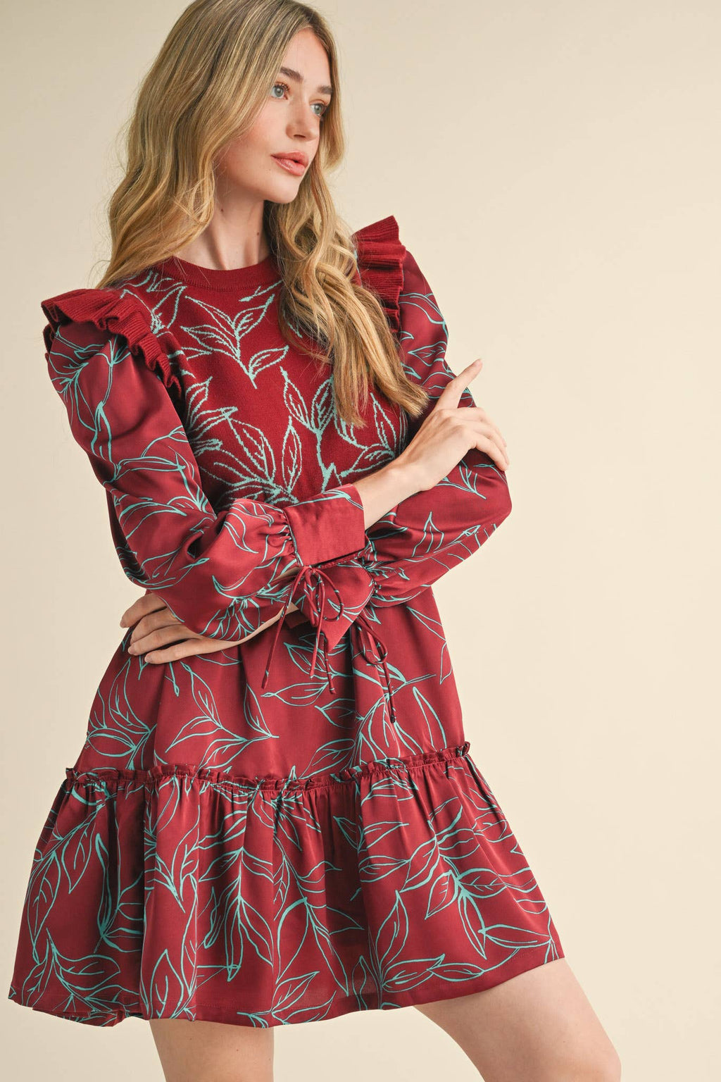 EXCLUSIVE PRINT MIXED MEDIA SWEATER DRESS