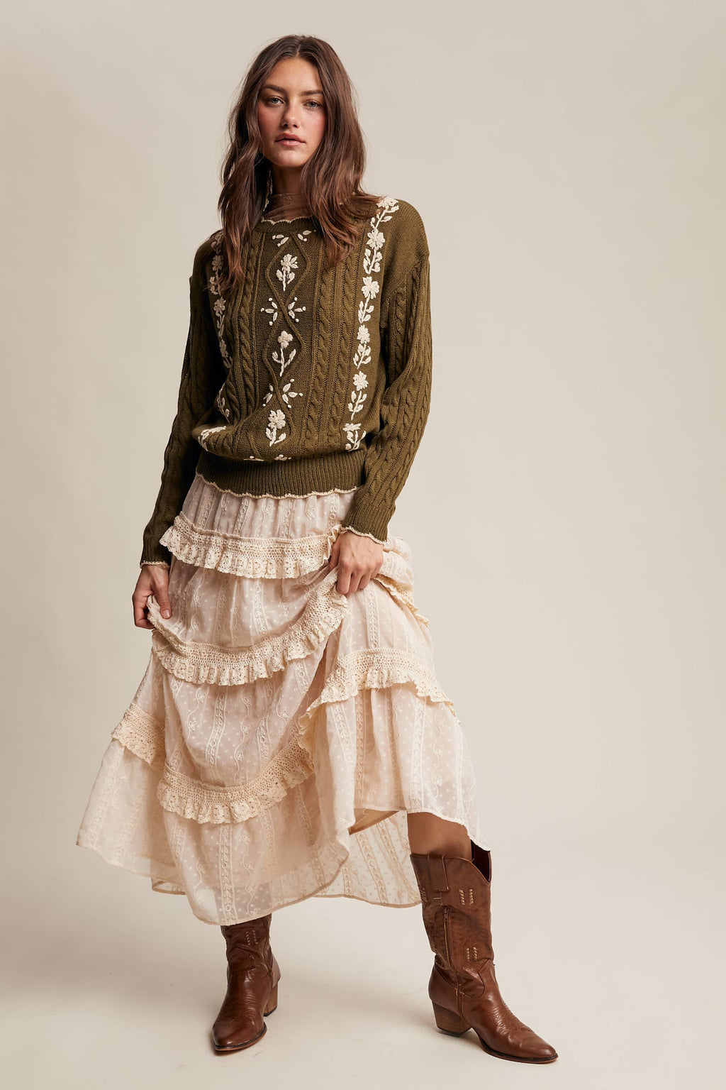 Floral Embroidered Cable Knit Sweater
