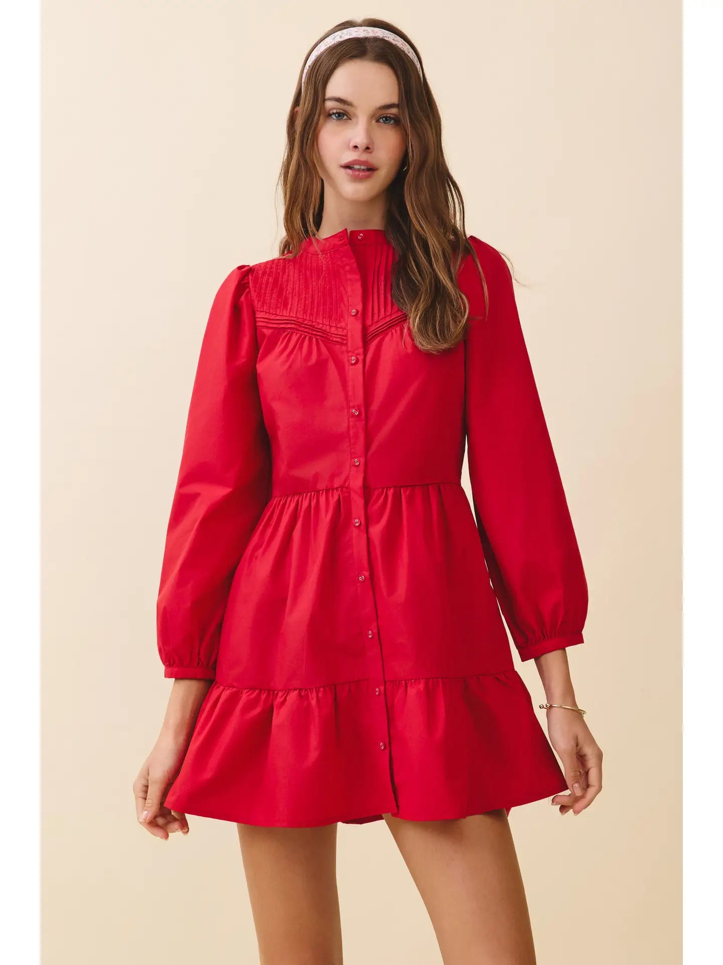Pintuck Yoke Detail Button Front Mini Dress