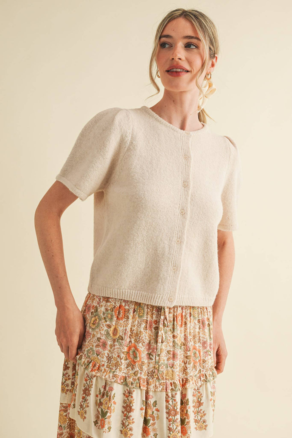 Short Puff Sleeve Cardigan