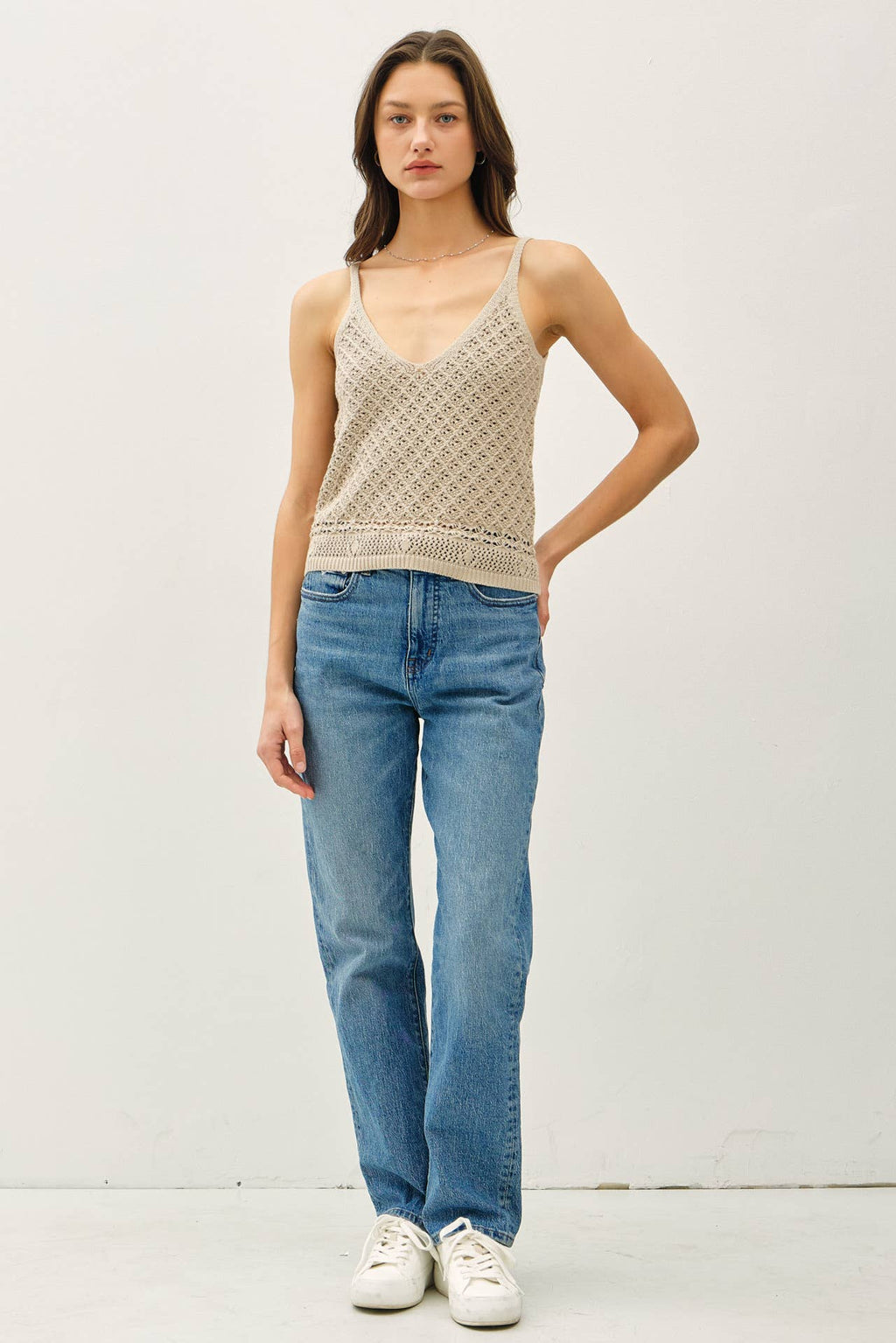 CROCHET KNIT DETAILED V-NECK TANK