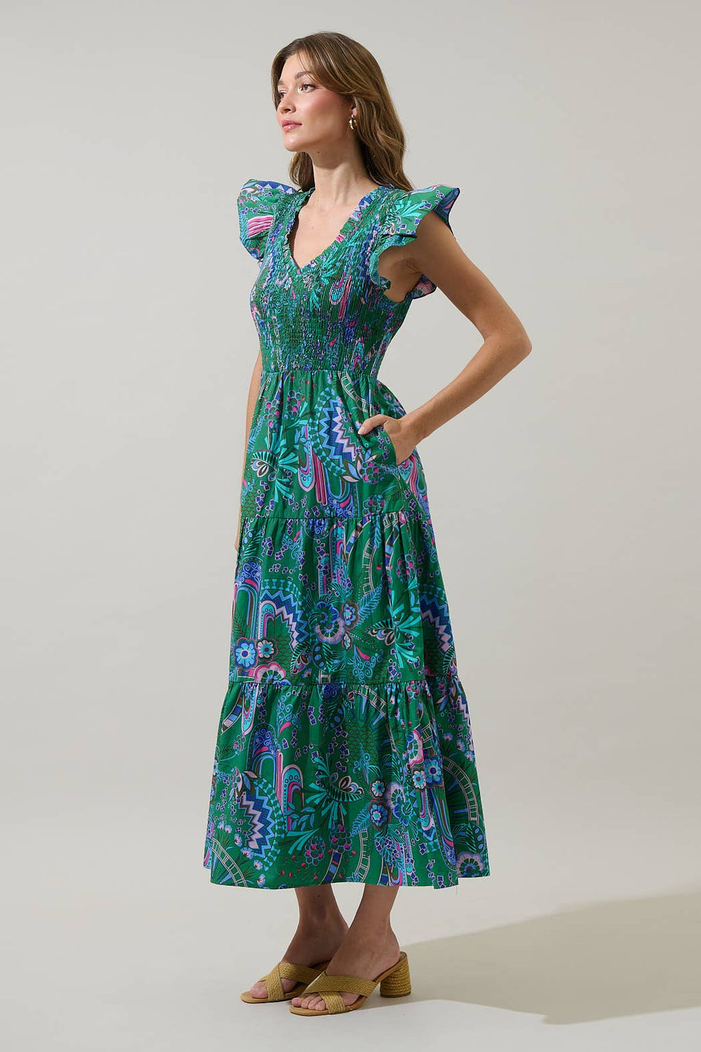 Vesper Floral Sunfire Tiered Midi Dress