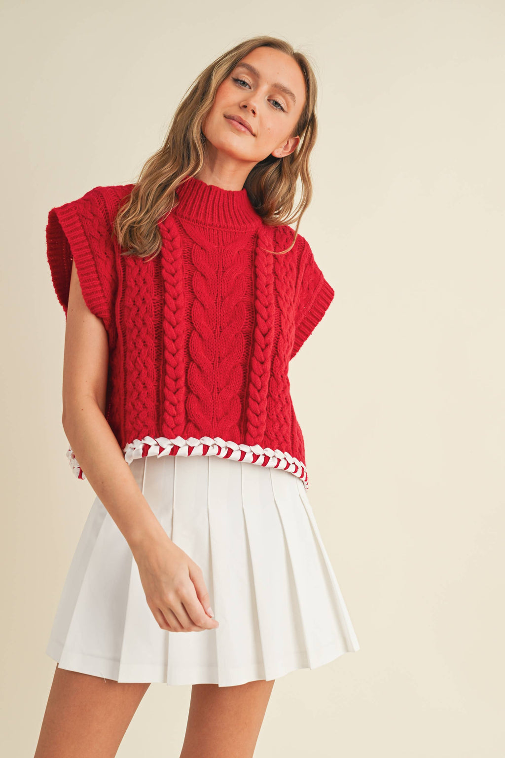 CABLE KNIT DROP SHOULDER CONTRAST STITCH SWEATER