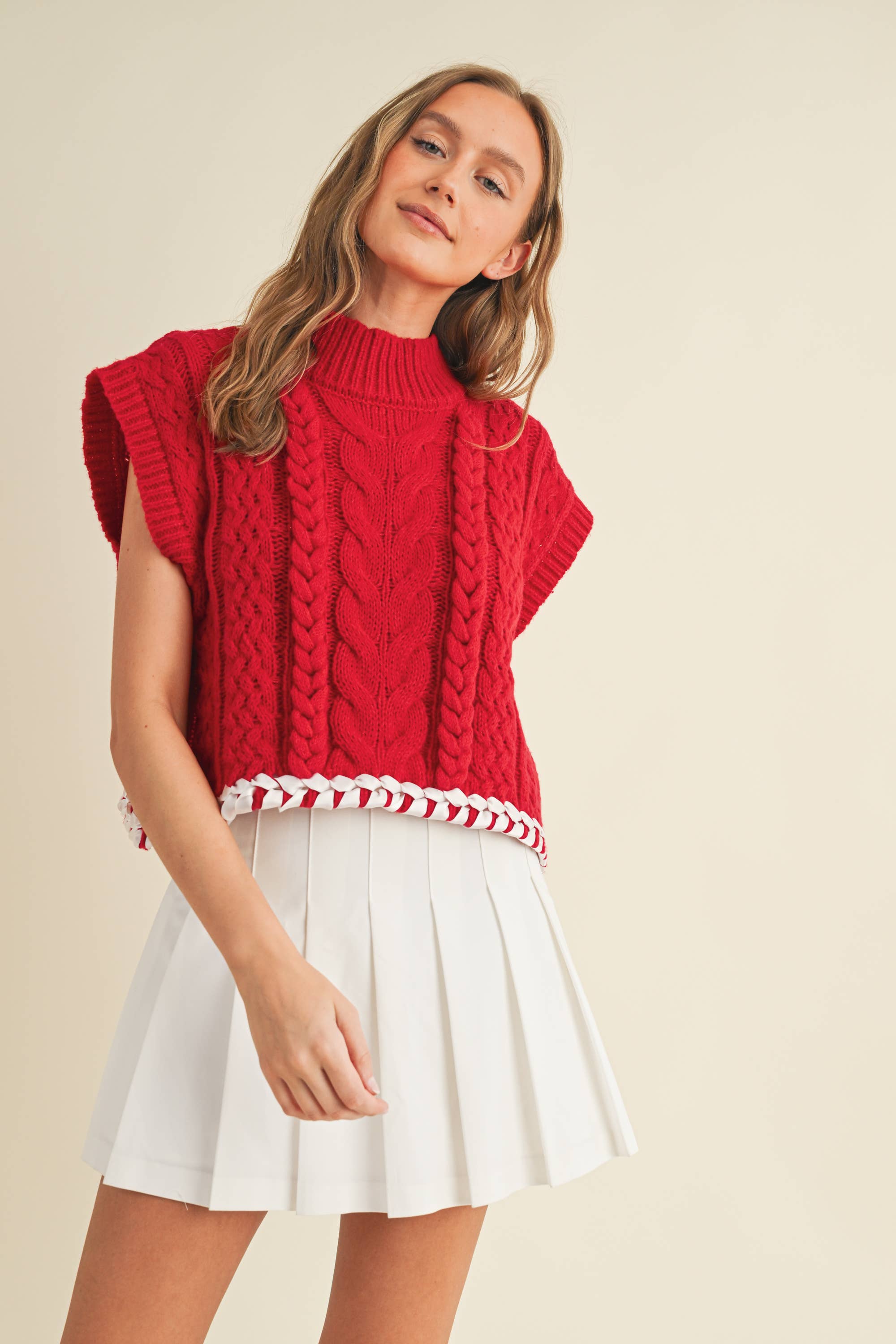 CABLE KNIT DROP SHOULDER CONTRAST STITCH SWEATER