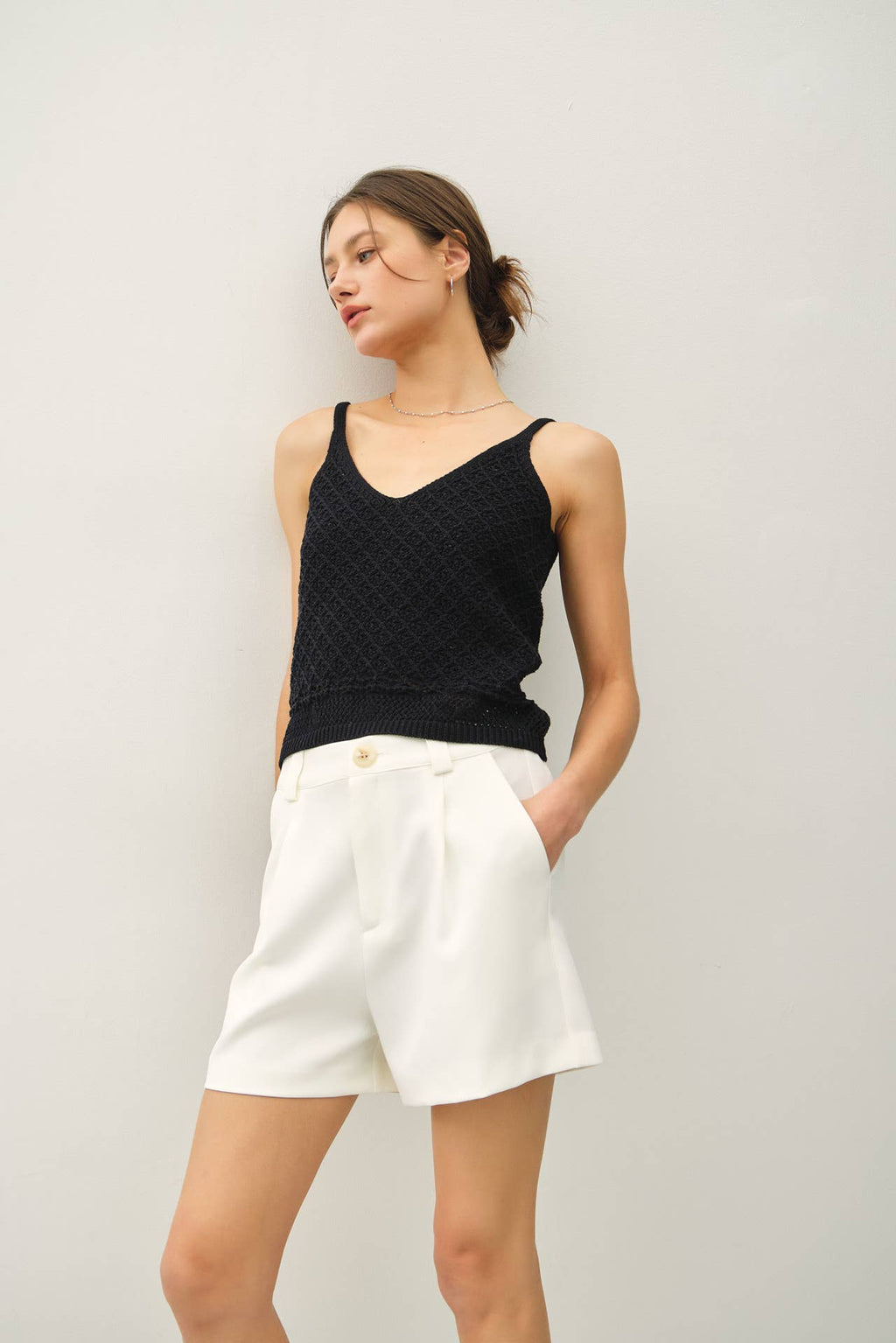 CROCHET KNIT DETAILED V-NECK TANK