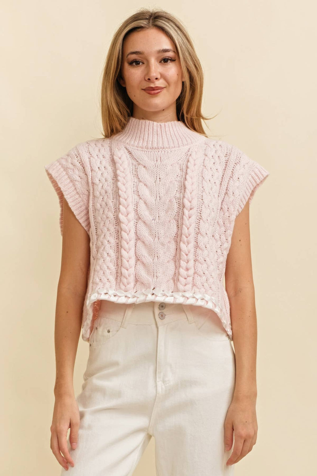 CABLE KNIT DROP SHOULDER CONTRAST STITCH SWEATER