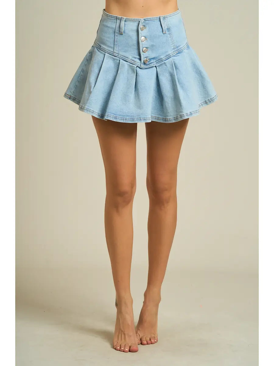 Front Button Pleated Denim Skirt