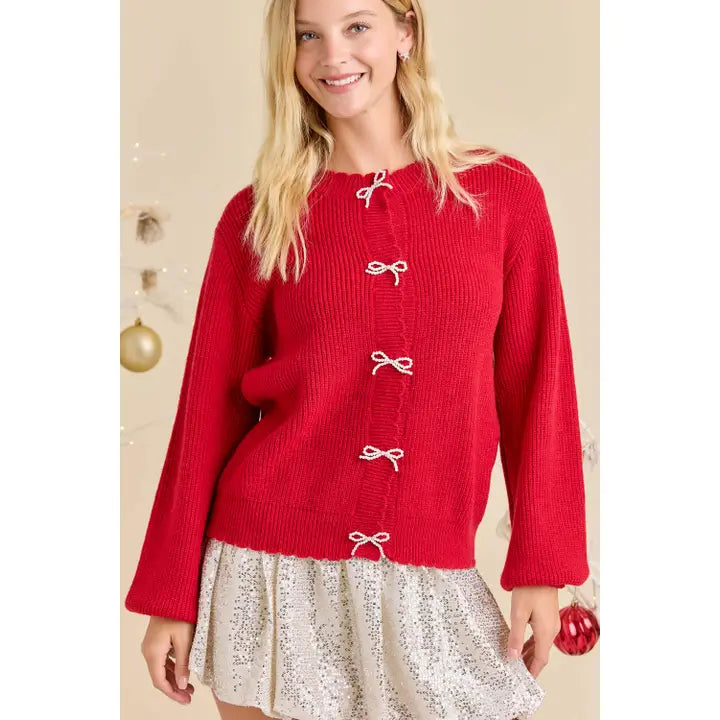 Elegant Pearl Bow Cardigan