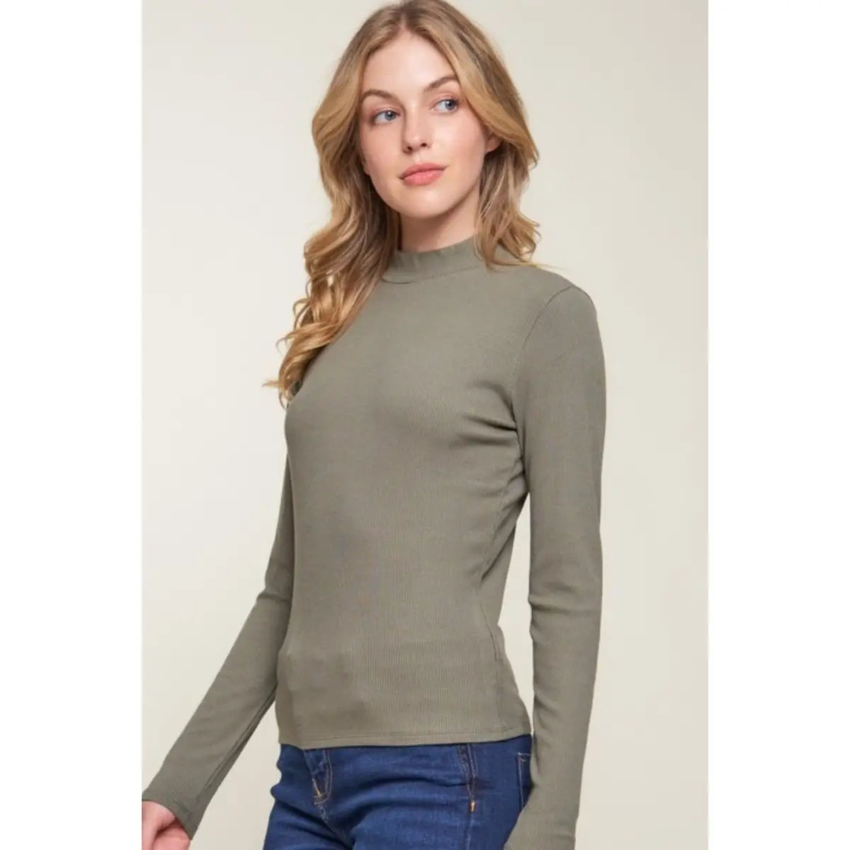Mock Neck Long Sleeve Rayon Rib Knit Top