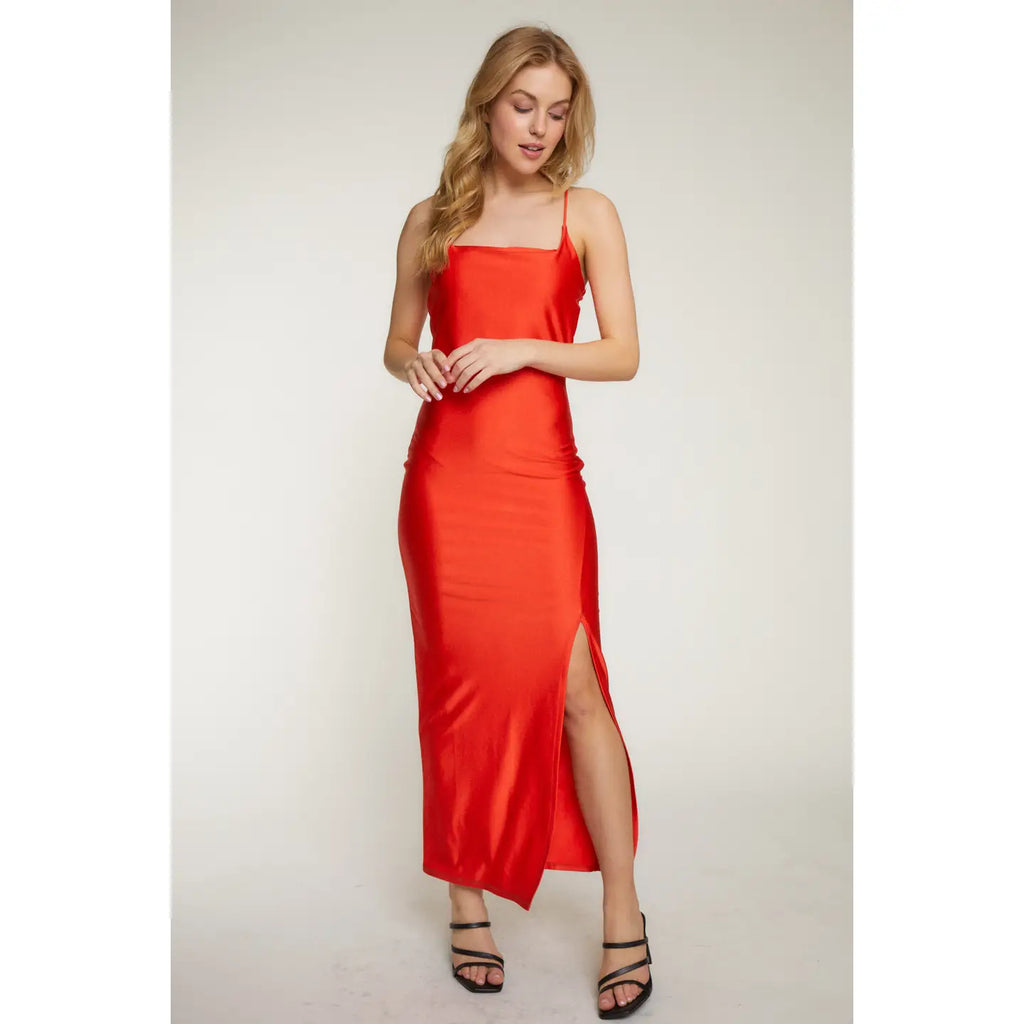 Sleeveless Square Neck High Slit Knit Maxi Dress