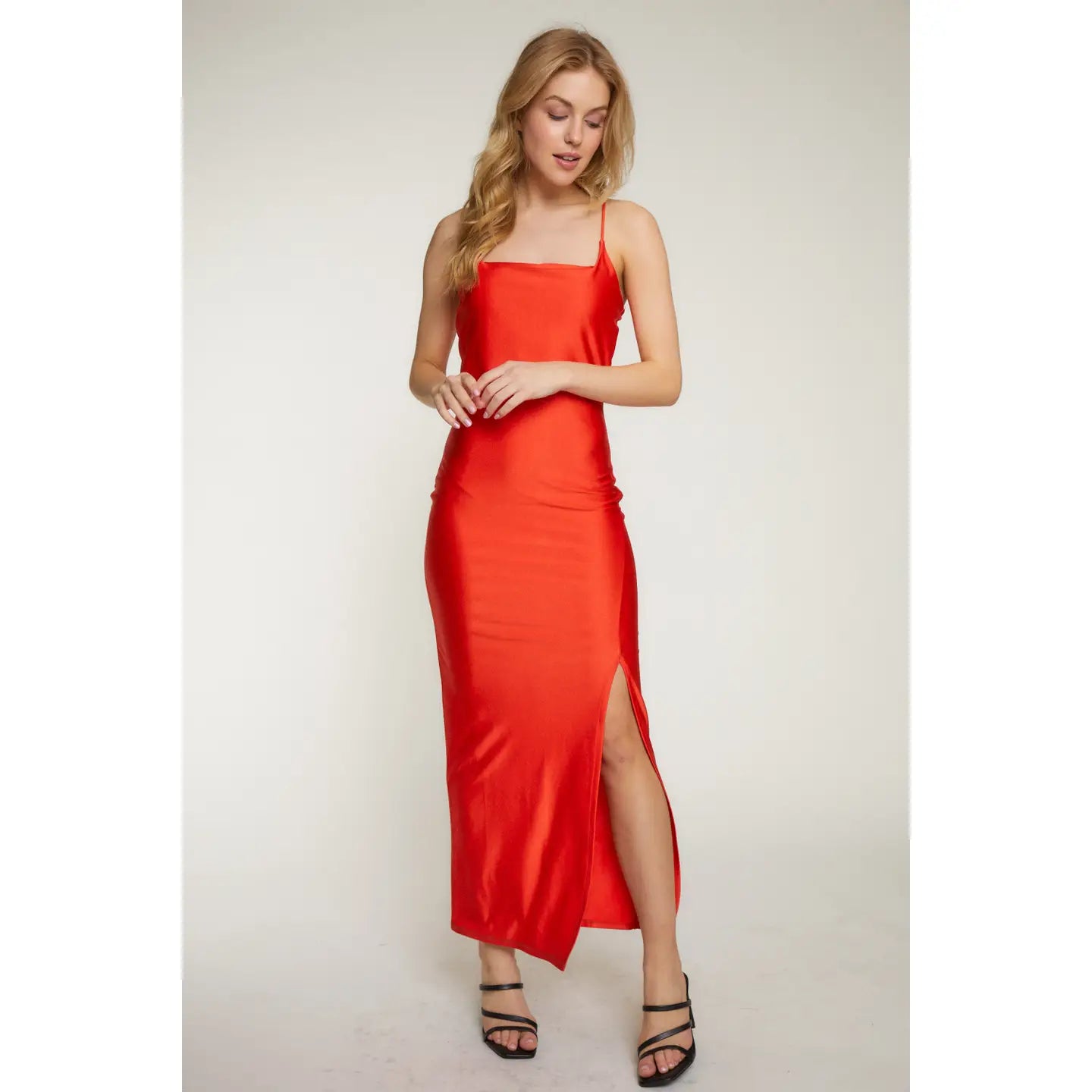 Sleeveless Square Neck High Slit Knit Maxi Dress