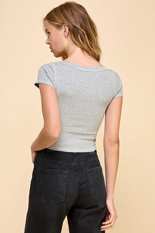 Square Neck Ribbed Top with Stitch Detail