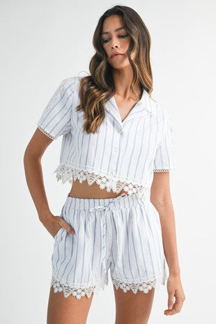 Pin Striped Collar Lace Trim Shirt And Shorts Set